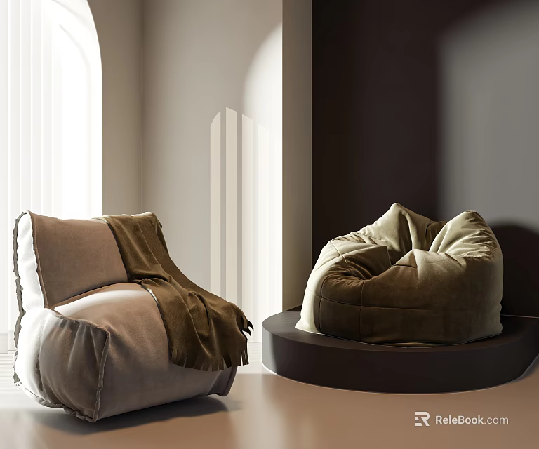 Cozy Light Gray Dark Green Bean Bag Chairs With Blanket In Modern Minimalist Sunlight Setting 3d model 