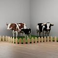 Three Cows And Calf Standing By Wooden Fence On Green Grass Indoor With Wooden Floor