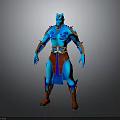 Blue Mythical Character With Glowing Body Golden Ornaments And Red Pants