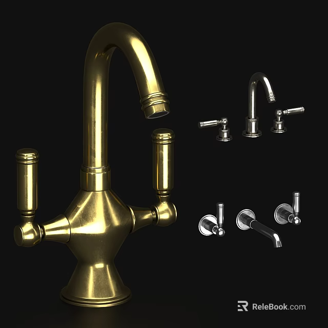 Golden Kitchen Faucet With Various Metal Tap Designs On Black Background 3d model 