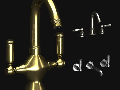 Golden Kitchen Faucet With Various Metal Tap Designs On Black Background 3d model