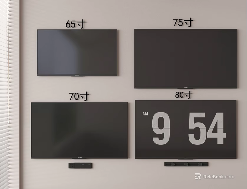 Wall Mounted TVs With 65 70 75 80 Inch Sizes And Time Display Screen 3d model 