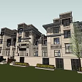 Modern Townhouse Exterior Design With Stone Facade Balconies And Courtyard Greenery