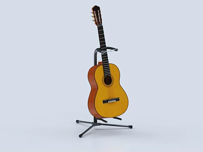 Acoustic Guitar Musical Instrument With Wooden Body And Metal Stand On Light Background 3d model