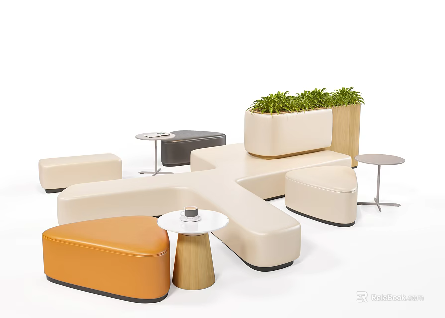 Modern Modular Sofa Coffee Table Combination With Multicolor Seats Side Tables And Potted Plants 3d model