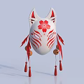 White Fox Mask With Red Cherry Blossom Pattern Red Feathers And Bells 3d model