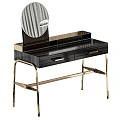 Modern Dressing Table With Black Striped Top And Gold Metal Frame And Round Mirror