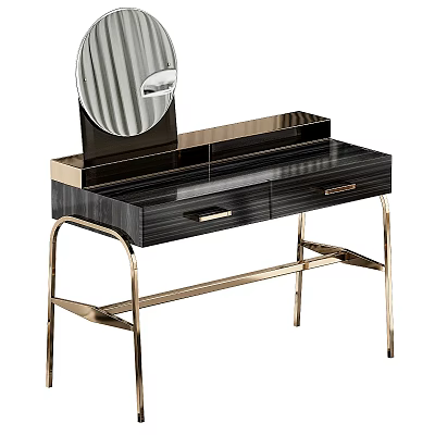 Modern Dressing Table With Black Striped Top And Gold Metal Frame And Round Mirror 3d model