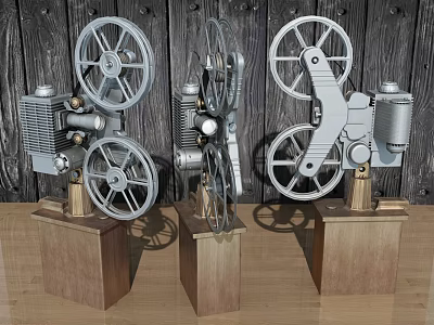 Projection Monitoring System With Vintage Projector Models Placed On Wooden Bases Against Wooden Wall 3d model