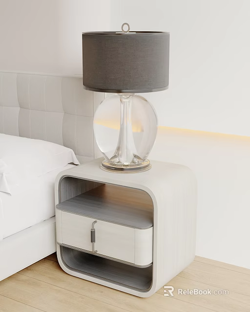 Table Lamp on White Nightstand with Drawer Gray Lampshade Transparent Glass Base in Modern Bedroom 3d model 