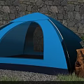 Blue Camping Tent With Mesh Window Near Stone Wall And Backpack On Grass