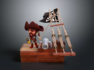 Game Movie Pirate Character Standing On Wooden Ship With Skull Flag And Cannon 3d model