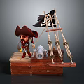 Game Movie Pirate Character Standing On Wooden Ship With Skull Flag And Cannon