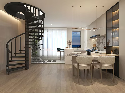 Modern Apartment With Spiral Staircase Open Plan Dining Kitchen Wooden Flooring White Table And Chairs 3d model