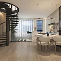 Modern Apartment With Spiral Staircase Open Plan Dining Kitchen Wooden Flooring White Table And Chairs