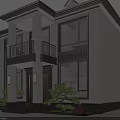 Modern Detached Villa With White Exterior Large Glass Windows Balcony And Green Plants