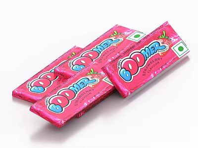 Boomer Chewing Gum Three Packets With Strawberry Flavor In Pink Packaging 3d model