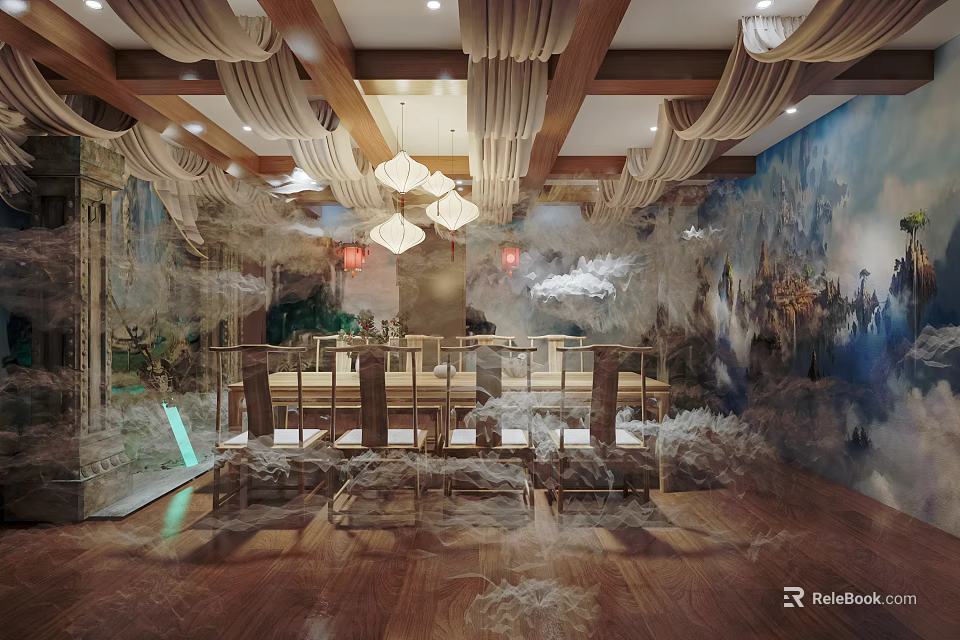 Elegant Chinese Style Dining Space With Wooden Structure Landscape Painting And Wooden Furniture 3d model 