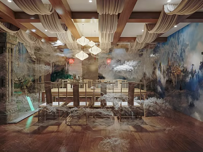 Elegant Chinese Style Dining Space With Wooden Structure Landscape Painting And Wooden Furniture 3d model