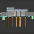 3D Rendered Industrial Equipment With Transparent Structure Orange Support Pillars And Green Containers