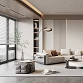 Modern Living Room Interior with Beige Sofa Round Coffee Table Floor Lamp Bookshelves and Fireplace