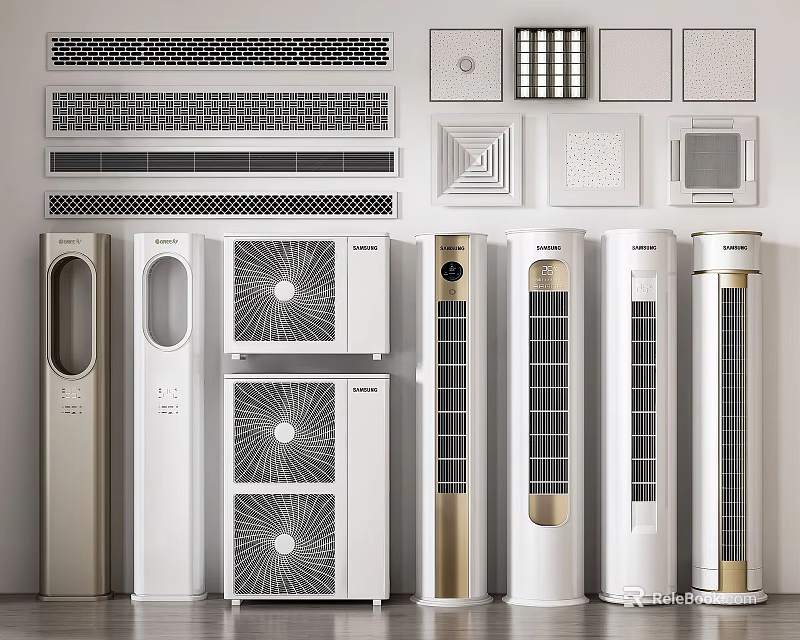 Modern Air Conditioners And Fans Featuring Standing Wall Mounted Designs And Grille Patterns 3d model 