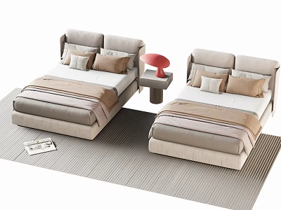 Modern Beige Single Beds With Pillows Bedspreads Red Lamp Striped Rug And Magazine 3d model
