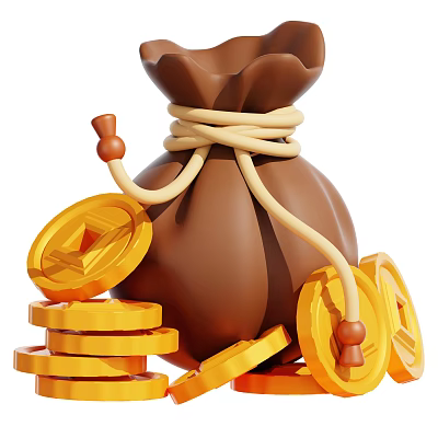 Elegant Jewelry Collection In Brown Sack With Golden Coins Stacked Around 3d model