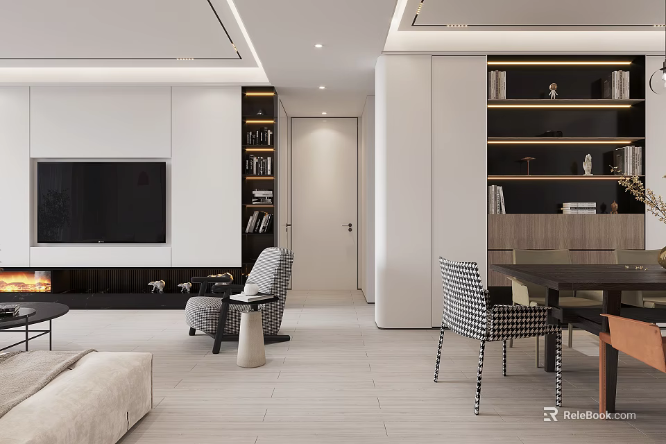 Modern Open Living And Dining Room Interior With TV Wall Bookshelves Sofa Dining Table Chairs 3d model 