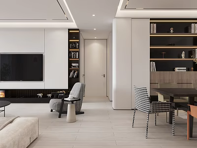 Modern Open Living And Dining Room Interior With TV Wall Bookshelves Sofa Dining Table Chairs 3d model