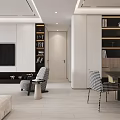 Modern Open Living And Dining Room Interior With TV Wall Bookshelves Sofa Dining Table Chairs