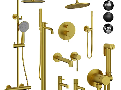 Brushed Gold Shower Faucet Set With Rain Shower Head Handheld Sprayer And Control Handles 3d model