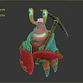 Red Crab Character Wearing Blue Coat Holding Pickaxe With Big Eyes Smiling