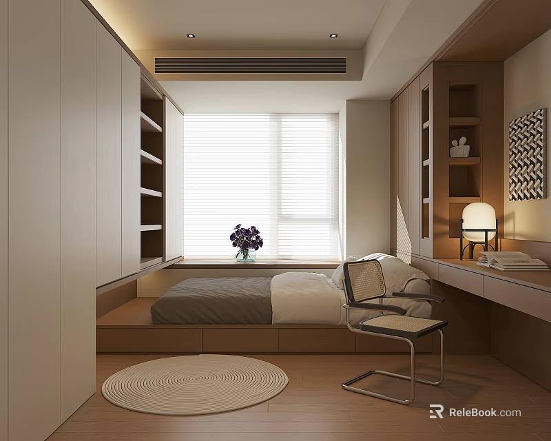 Modern Cozy Tatami Bedroom Interior With Built In Storage Shelves Window Blinds And Round Rug 3d model 