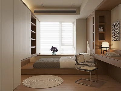 Modern Cozy Tatami Bedroom Interior With Built In Storage Shelves Window Blinds And Round Rug 3d model