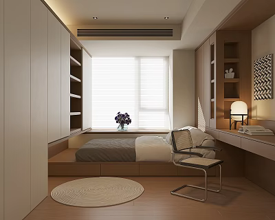 Modern Cozy Tatami Bedroom Interior With Built In Storage Shelves Window Blinds And Round Rug 3d model