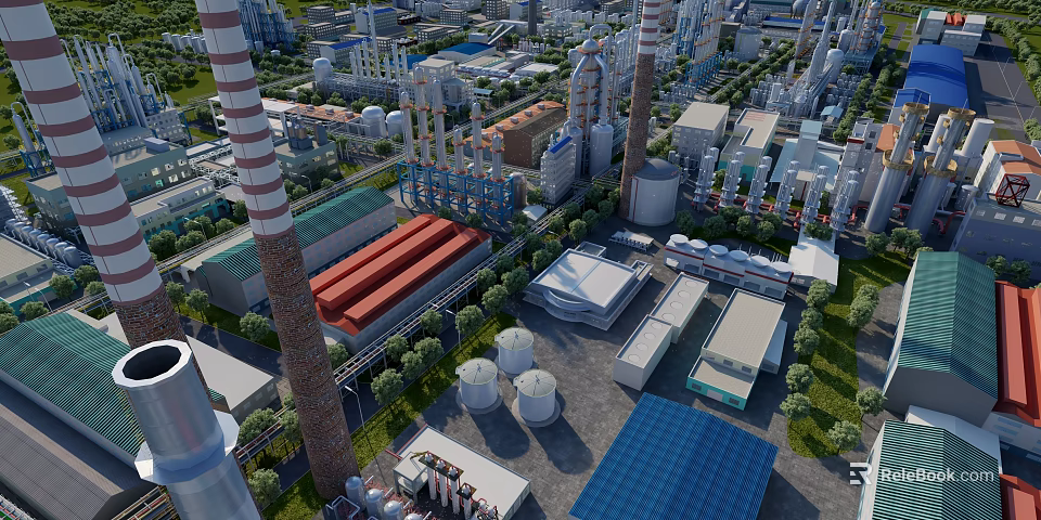 Modern Industrial Plant Aerial View With Cooling Towers Chimneys Pipes Storage Tanks And Greenery 3d model 