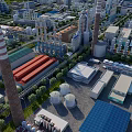 Modern Industrial Plant Aerial View With Cooling Towers Chimneys Pipes Storage Tanks And Greenery