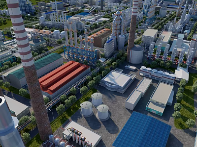 Modern Industrial Plant Aerial View With Cooling Towers Chimneys Pipes Storage Tanks And Greenery 3d model
