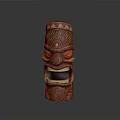 Traditional Wooden Tiki Mask With Intricate Carved Patterns And Red Glowing Eyes