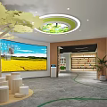 Interior Space With Large Yellow Field Screen Circular Ceiling Tree Decor White Seats Green Lines 3d model