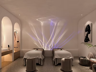 Serene SPA Room Interior With Two Massage Beds White Walls And Blue Light Projections 3d model