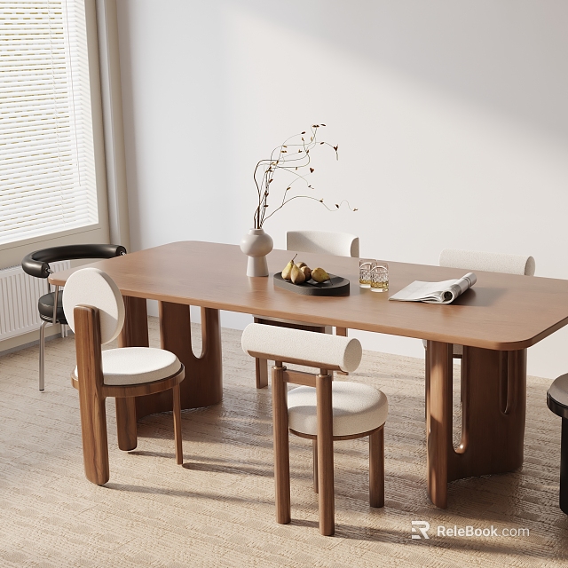 Modern Wooden Dining Table Set with White Cushioned Chairs Dried Flower Vase and Fruit Plate 3d model 