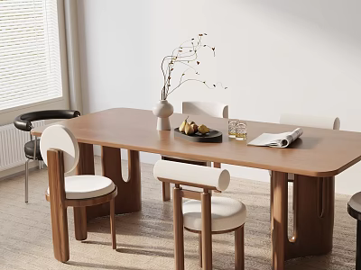 Modern Wooden Dining Table Set with White Cushioned Chairs Dried Flower Vase and Fruit Plate 3d model