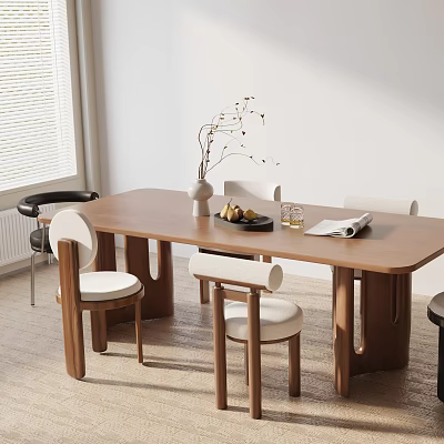 Modern Wooden Dining Table Set with White Cushioned Chairs Dried Flower Vase and Fruit Plate 3d model