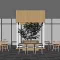 Modern Restaurant Interior With Wooden Counter Green Plant White Pillars And Tables Chairs