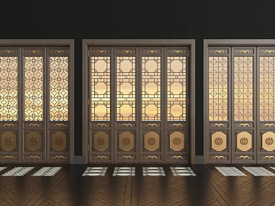 Traditional Chinese Wooden Doors with Intricate Carved Windows Warm Light Through Glass and Geometric Floor 3d model