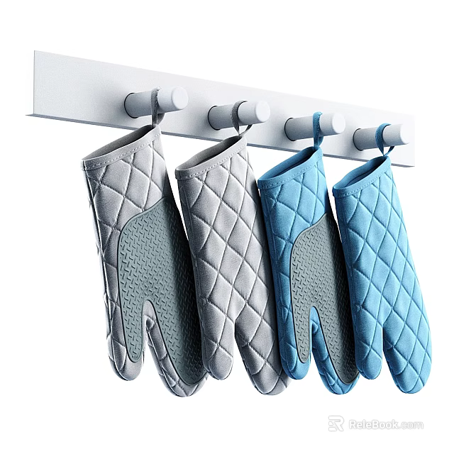 Gray And Blue Quilted Oven Mitts Hanging On Kitchen Hooks 3d model 