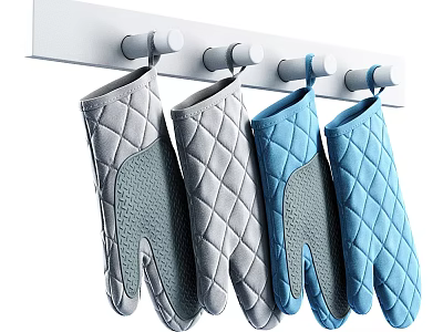 Gray And Blue Quilted Oven Mitts Hanging On Kitchen Hooks 3d model