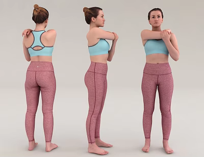 Woman Doing Stretching Exercises In Blue Sports Bra And Pink Leggings From Different Angles 3d model